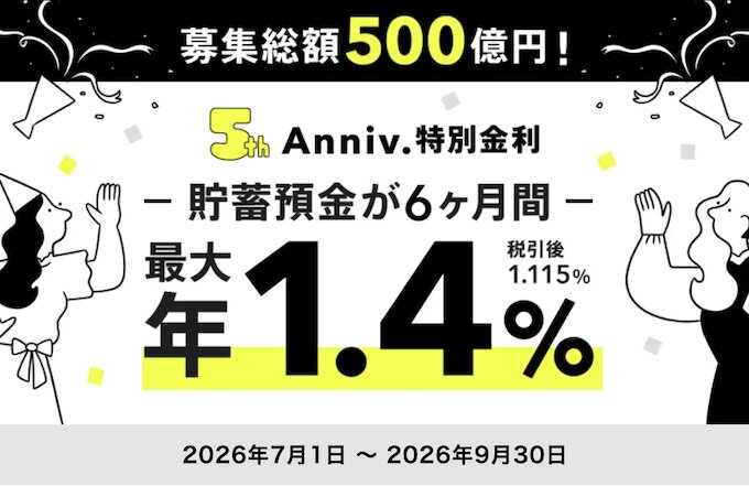 みんなの銀行5thアニバーサリー特別金利キャンペーン【26年7月〜】