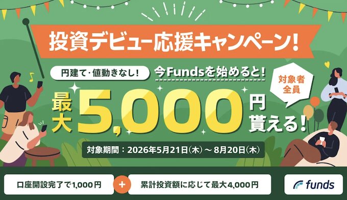 Fundsの投資デビュー応援キャンペーンで現金最大5000円もらえる【26_8_20まで】